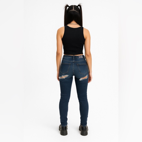 Machine Denim - Y2k Skinny Jeans Womens Sz 26 Blue Denim Distressed Ripped Grunge